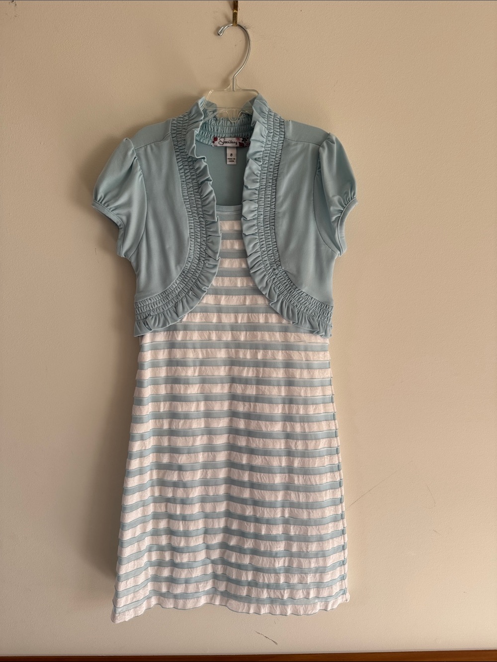Speechless Light Blue Striped Dress with Mock Ruffle Bolero Girls Size 8